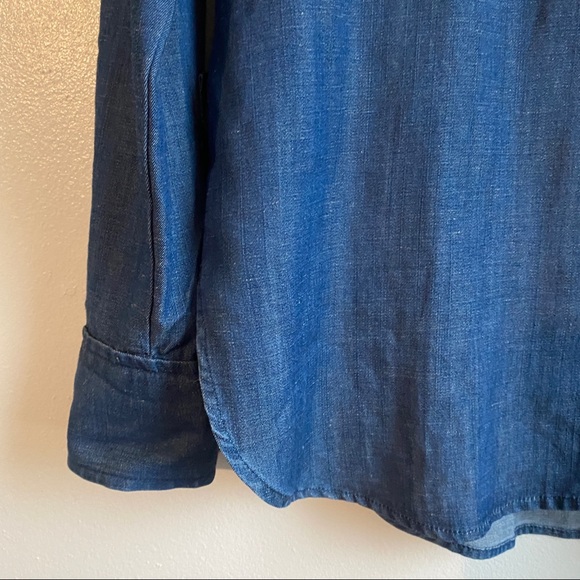 Loft Womens Denim Button Up Shirt Top Blue Ruffle Neck Long Sleeve Pockets - Picture 6 of 12
